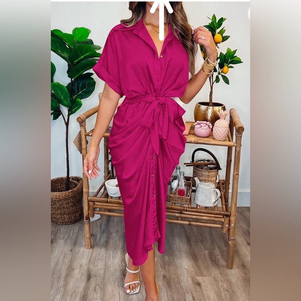 DO-BE | Women’s Button Down Ruched Shirt Dresses Short Sleeve Lapel V Neck